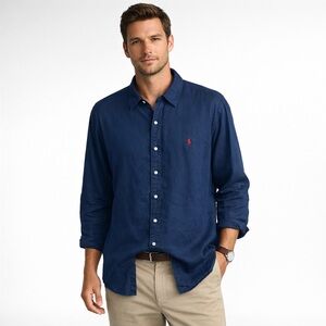 Polo by Ralph Lauren 100% Linen Navy Long-Sleeve Button-Down Shirt Men’s 3XB